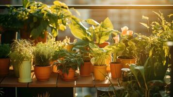 Terrasse mit eingetopft Pflanzen und Blumen foto