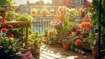 Terrasse mit eingetopft Pflanzen und Blumen foto