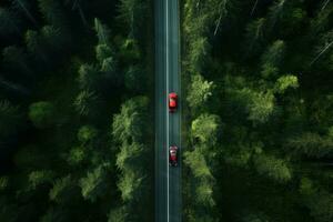 ein Auto Fahren Nieder ein Autobahn durch hoch Bäume foto