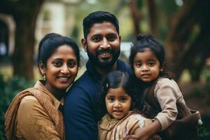 indisch ein Familie halten Kinder im ihr Waffen im ein Park foto