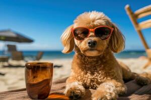 komisch Hund mit Cocktail auf das Strand foto