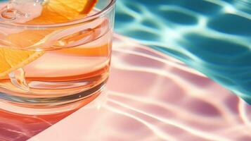 Orange Getränk im ein Glas neben Schwimmbad foto