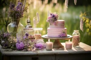 ein Kuchen Tabelle im ein draußen Rahmen foto