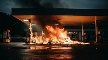 Feuer beim ein Gas Bahnhof im tagsüber foto