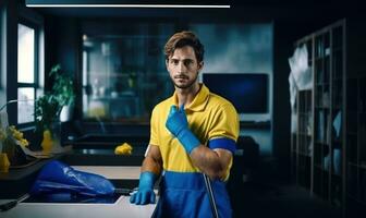 Arbeiten Büro Mitarbeiter mit ein Reinigung im Blau Uniformen. foto