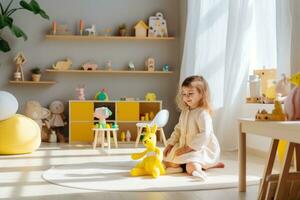 Mädchen spielen mit Spielzeuge im ein Kindergarten mit Gelb Wände foto