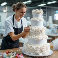 Konditor backt ein groß Weiß dreistufig Hochzeit Kuchen foto
