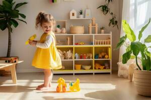 Mädchen spielen mit Spielzeuge im ein Kindergarten mit Gelb Wände foto