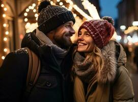 glücklich Paar auf Weihnachten Straße foto