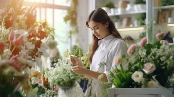 schön Mädchen Florist im Blume Geschäft foto