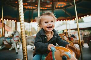 süß wenig Mädchen Lachen beim Karneval Reiten foto