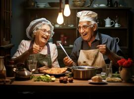 alt Paar Kochen beim das Küche foto
