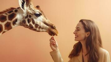 glücklich jung Frau Einspeisungen Giraffe foto