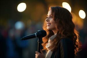 Mädchen Singen beim ein draussen Konzert foto