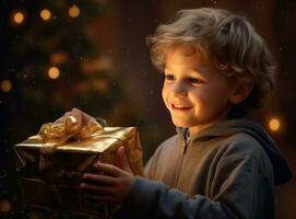 ein jung Junge ist aufgeregt zu öffnen seine Weihnachten Geschenk unter das Weihnachten Baum foto