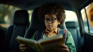 wenig Junge lesen ein Zeitschrift im ein Auto foto