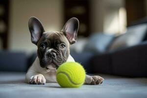 Hund nehmen aus seine Leine und spielen mit Grün Ball foto