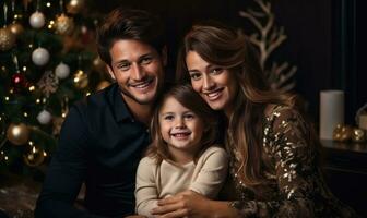 glücklich Familie Sitzung um Weihnachten Weihnachten Baum foto