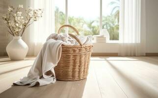Wäsche Korb im das Wäsche Zimmer von das Zuhause foto