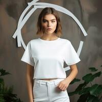 minimalistisch Mode Hintergrund mit Mädchen im Weiß tragen foto