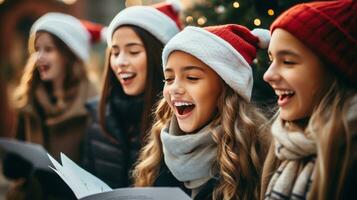 heiter Gruppe Weihnachtslieder im das Gegend foto