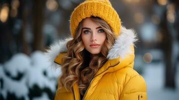 jung Frau im stilvoll Winter Outfit foto