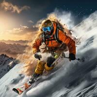 Mann Skifahren Nieder schneebedeckt Berg foto