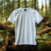 szenisch Wald Hintergrund T-Shirt Attrappe, Lehrmodell, Simulation Umarmung das Natur Stimmung, ai generiert foto