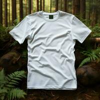 Wald thematisch Weiß T-Shirt Attrappe, Lehrmodell, Simulation Naturen Schönheit wie Hintergrund, ai generiert foto