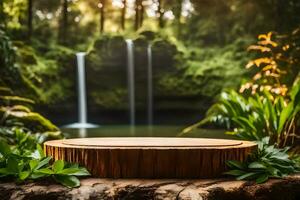 ein leeren rustikal Holz Produkt Anzeige Podium mit Wasserfall Wald Aussicht vorgefertigt Foto Attrappe, Lehrmodell, Simulation Hintergrund