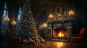 ein Zimmer mit ein Kamin und ein Weihnachten Baum dekoriert zum das Neu Jahr und Weihnachten Urlaub foto