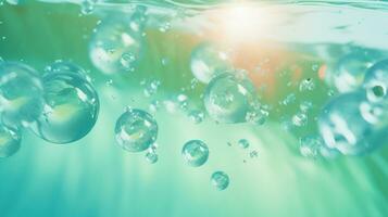 fesselnd aqua Wellen im Sonnenlicht - - modisch Sommer- Natur Banner mit Luftblasen und spritzt - - ai generiert foto
