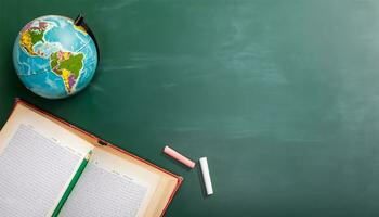 Globus, Bleistift, Stift und Buch auf ein Grün Tafel Hintergrund und leeren Raum auf links Seite foto