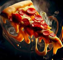 ein heiß Pizza Scheibe mit Soße auf Es, ai generativ foto