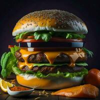 ein Teller von Burger auf dunkel Hintergrund, ai generativ foto