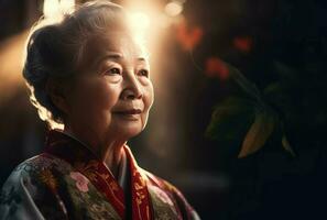 Senior China Frau Kimono. generieren ai foto