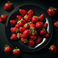 ein Teller von Erdbeeren auf ein schwarz Tisch, oben Sicht, ai generativ foto