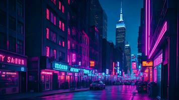 Stadt Nacht Szene im Cyberpunk Stil, Neon- Licht, ai generativ foto