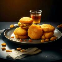 köstlich gebraten Hähnchen Nugget Essen auf ein hölzern Tisch, ai generativ foto