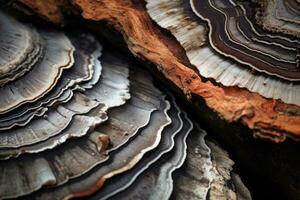 Ganoderma lucidum - - Lingzhi Pilz - - schließen hoch, Erfahrung Reich Texturen mit Makro Fotografie, präsentieren kompliziert Muster von bellen, Stoff, und Muscheln, ai generiert foto