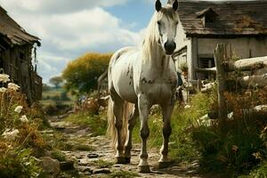 draussen Szenen Kommen Sie am Leben mit ein liebenswert Pferd in der Nähe von das rustikal Scheune ai generiert foto