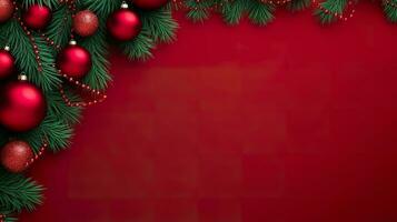 Weihnachten Tanne Geäst und Dekorationen auf rot Hintergrund. generativ ai. foto