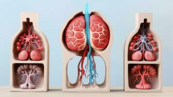 3d Illustration Attrappe, Lehrmodell, Simulation von das Mensch Organ System, Anatomie, nervös, Kreislauf, Verdauungs, Ausscheidung, Harn und Knochen Systeme. medizinisch Bildung Konzept, generativ ai Illustration foto