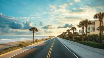 leeren Asphalt Straße neben das Meer Hintergrund, Autobahn neben das Meer, draußen horizontal Bild, generativ ai Illustration foto