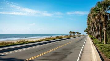 leeren Asphalt Straße neben das Meer Hintergrund, Autobahn neben das Meer, draußen horizontal Bild, generativ ai Illustration foto