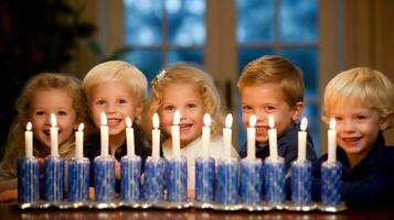 glücklich verlängert jüdisch Familie feiern Chanukka während Versammlung beim Essen Tisch, Kerzenlicht Das scheint hell, generativ ai Illustration foto