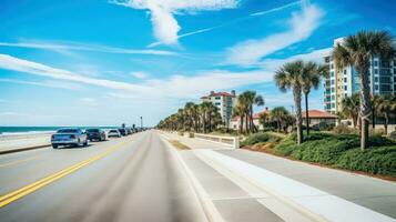 leeren Asphalt Straße neben das Meer Hintergrund, Autobahn neben das Meer, draußen horizontal Bild, generativ ai Illustration foto