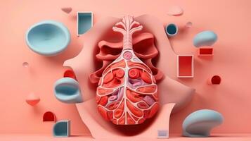 3d Illustration Attrappe, Lehrmodell, Simulation von das Mensch Organ System, Anatomie, nervös, Kreislauf, Verdauungs, Ausscheidung, Harn und Knochen Systeme. medizinisch Bildung Konzept, generativ ai Illustration foto