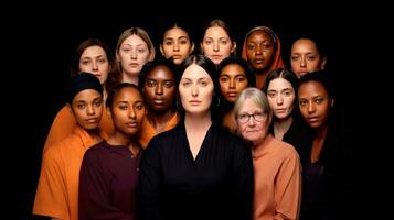 Gruppe von Frauen, Welt Frauen mit Vielfalt und Inklusivität, Tag zum das Beseitigung von Gewalt gegen Frauen Konzept, generativ ai Illustration foto