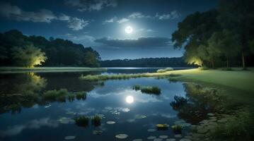 Mondschein Ruhe, ein himmlisch Symphonie reflektiert im ein immer noch Teich. ai generiert foto